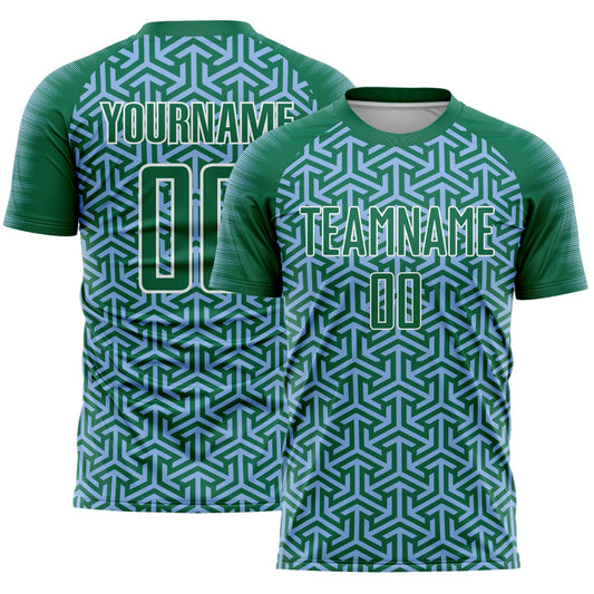 Custom Kelly Green Light Blue-White Geometric Arrow Sublimation Soccer Uniform Jersey - Main View