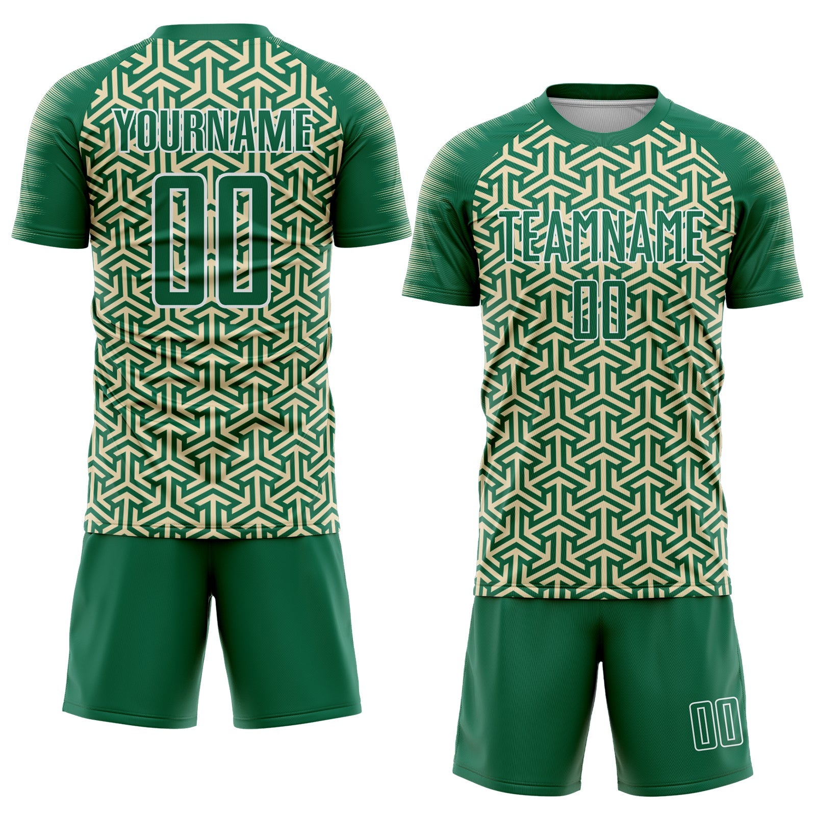 Custom Kelly Green Cream-White Geometric Arrow Sublimation Soccer Uniform Jersey view 2