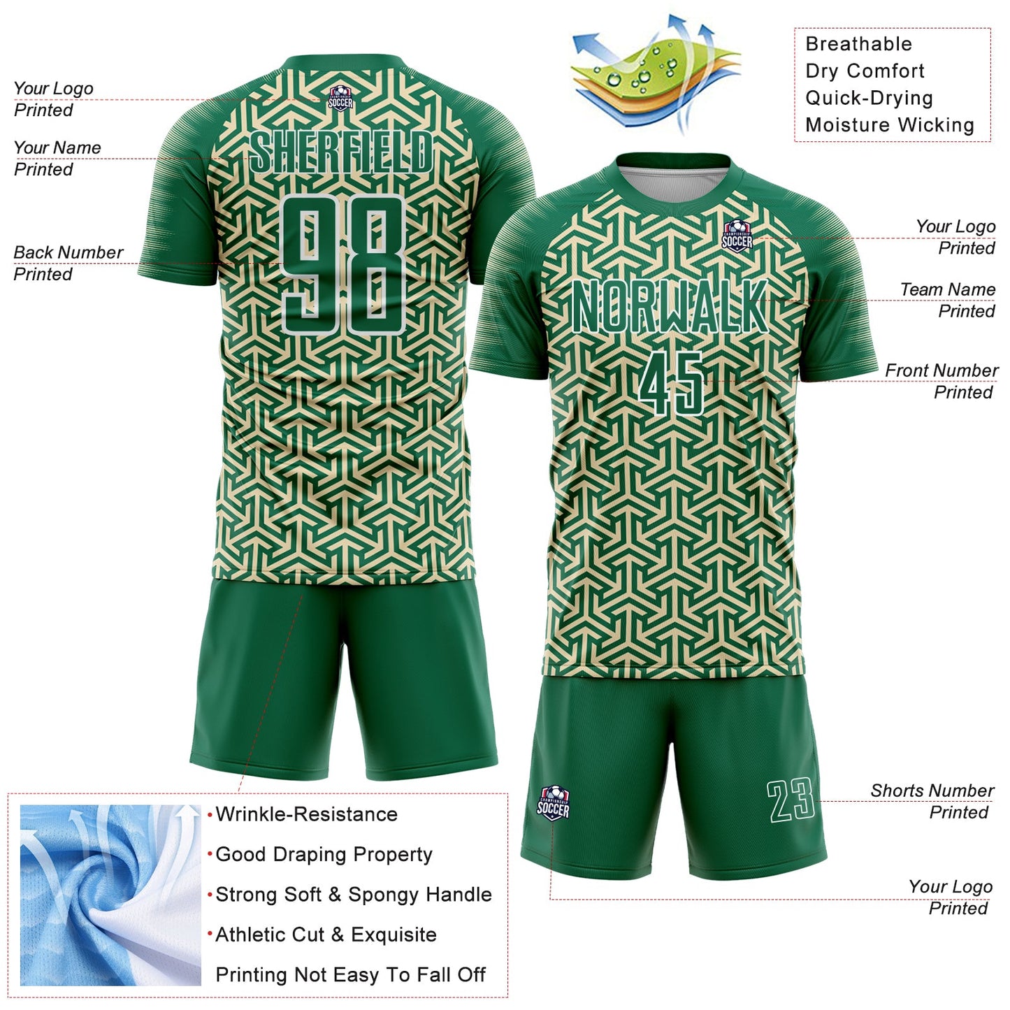Custom Kelly Green Cream-White Geometric Arrow Sublimation Soccer Uniform Jersey view 4