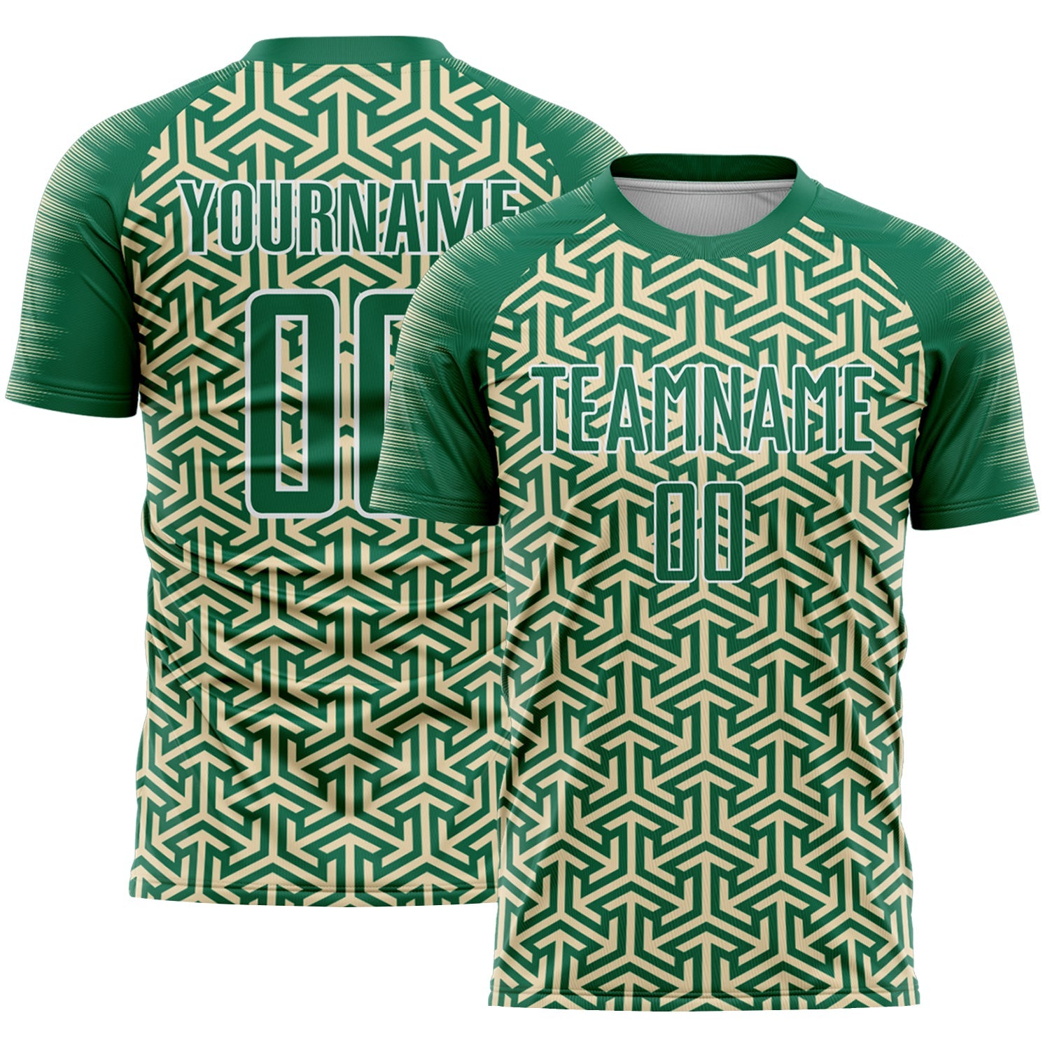 Custom Kelly Green Cream-White Geometric Arrow Sublimation Soccer Uniform Jersey - Main View