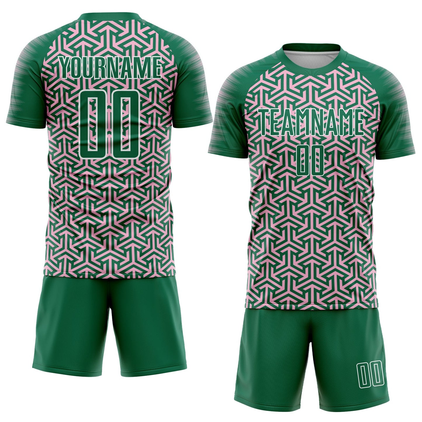 Custom Kelly Green Light Pink-White Geometric Arrow Sublimation Soccer Uniform Jersey view 2