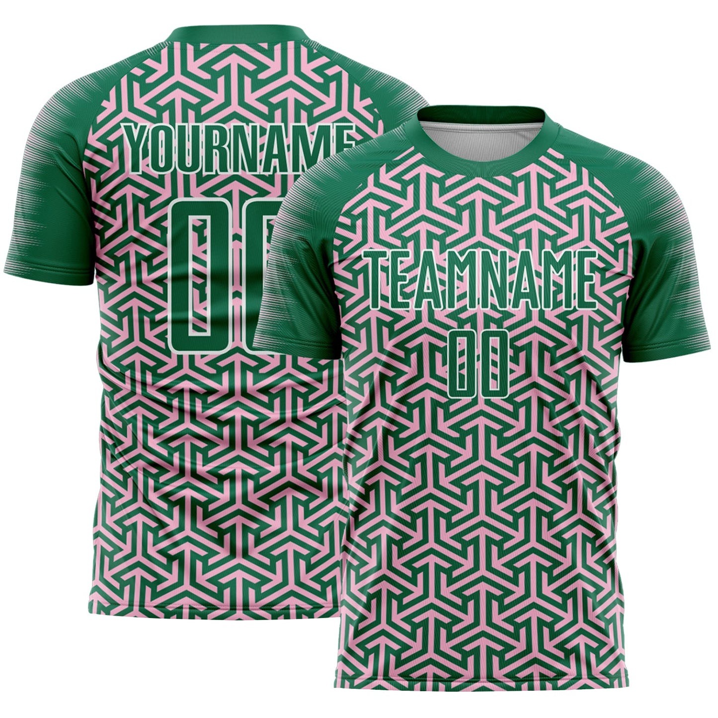Custom Kelly Green Light Pink-White Geometric Arrow Sublimation Soccer Uniform Jersey - Main View