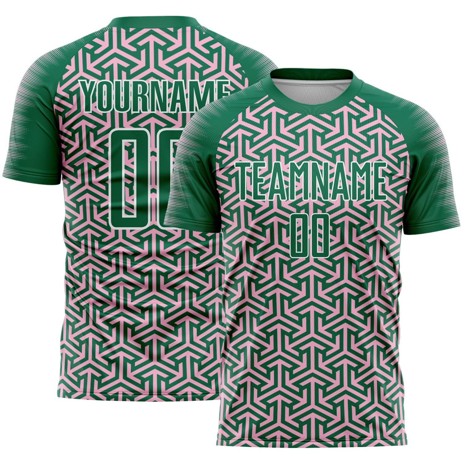 Custom Kelly Green Light Pink-White Geometric Arrow Sublimation Soccer Uniform Jersey - Main View