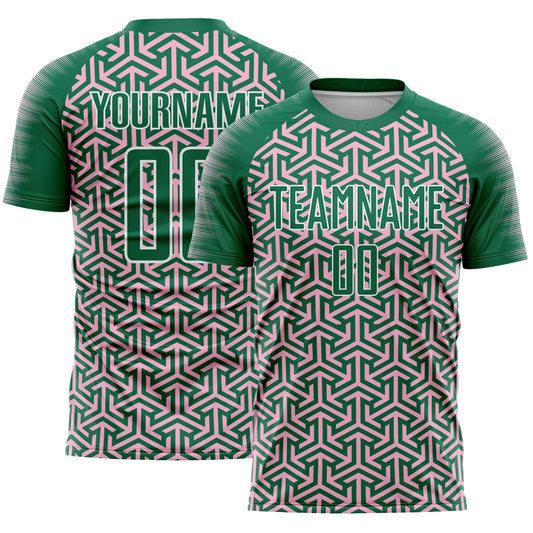 Custom Kelly Green Light Pink-White Geometric Arrow Sublimation Soccer Uniform Jersey - Main View