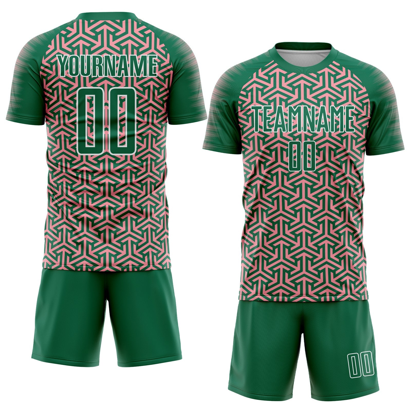 Custom Kelly Green Medium Pink-White Geometric Arrow Sublimation Soccer Uniform Jersey view 2