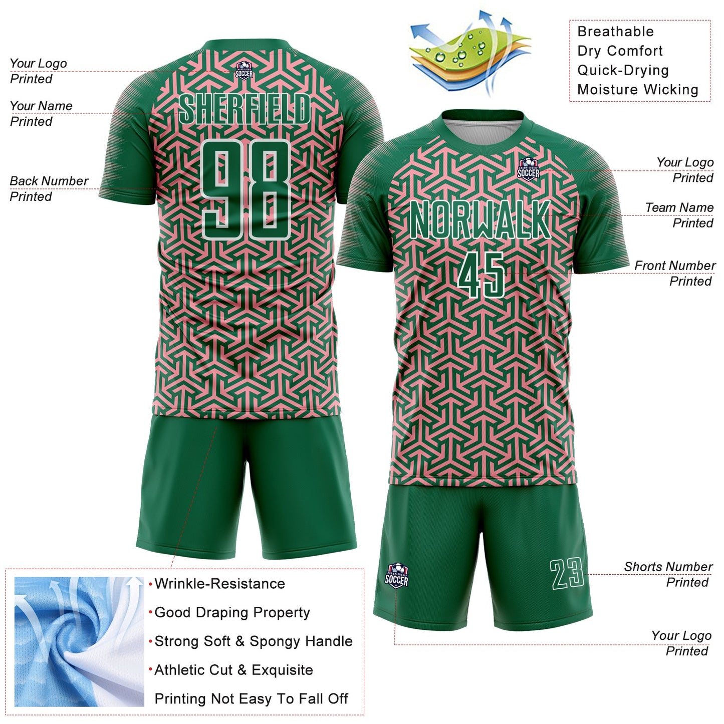 Custom Kelly Green Medium Pink-White Geometric Arrow Sublimation Soccer Uniform Jersey view 4