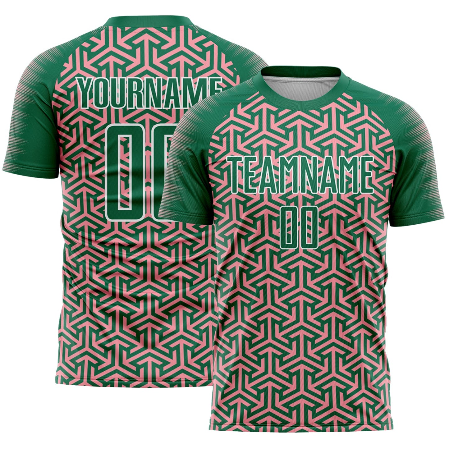 Custom Kelly Green Medium Pink-White Geometric Arrow Sublimation Soccer Uniform Jersey - Main View