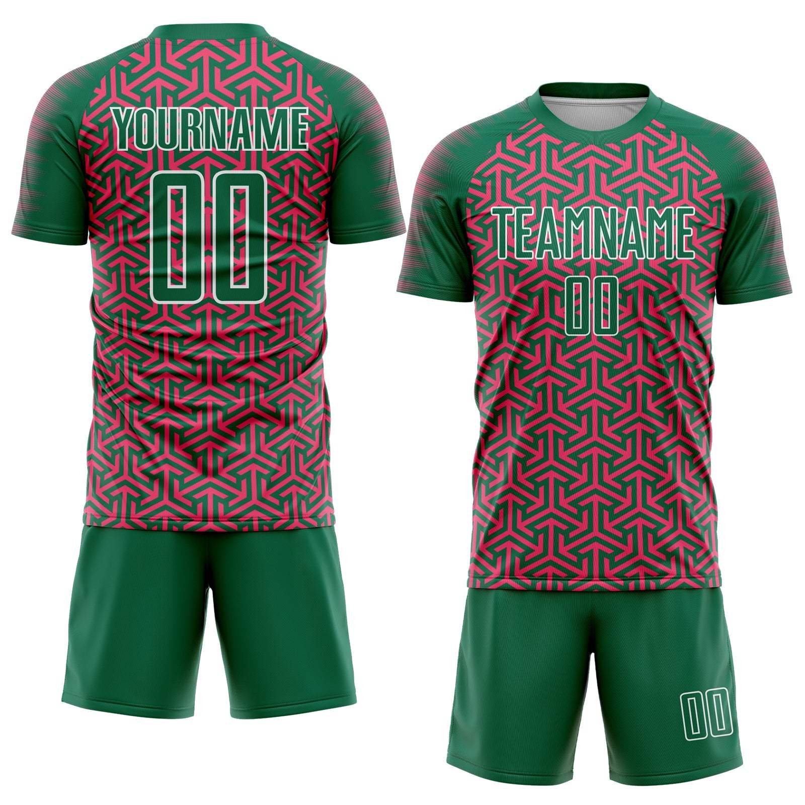Custom Kelly Green Neon Pink-White Geometric Arrow Sublimation Soccer Uniform Jersey view 2
