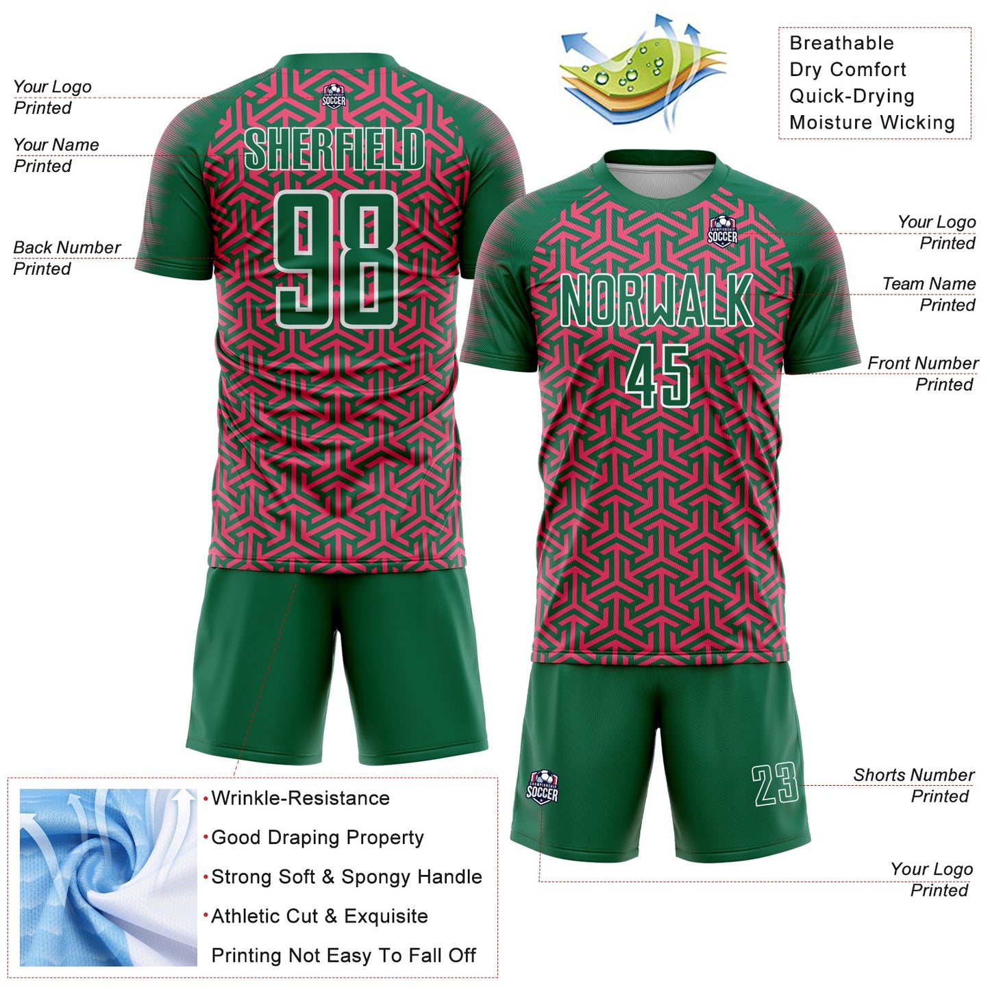 Custom Kelly Green Neon Pink-White Geometric Arrow Sublimation Soccer Uniform Jersey view 4