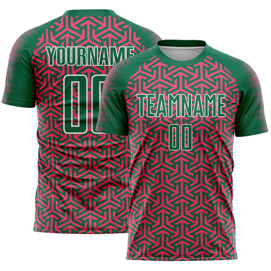 Custom Kelly Green Neon Pink-White Geometric Arrow Sublimation Soccer Uniform Jersey - Main View