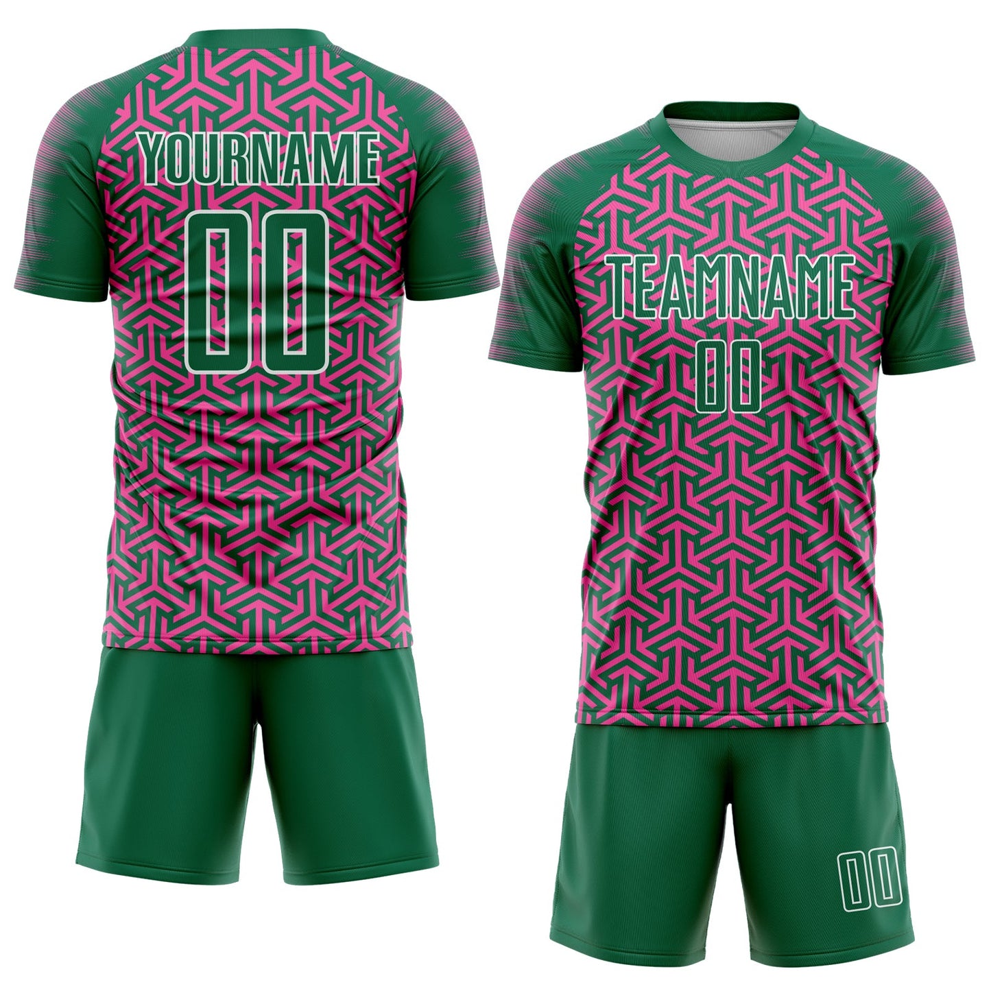 Custom Kelly Green Pink-White Geometric Arrow Sublimation Soccer Uniform Jersey view 2