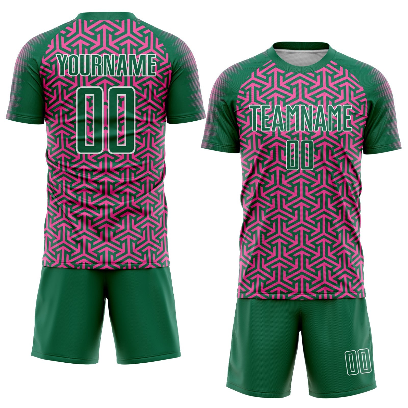 Custom Kelly Green Pink-White Geometric Arrow Sublimation Soccer Uniform Jersey view 2