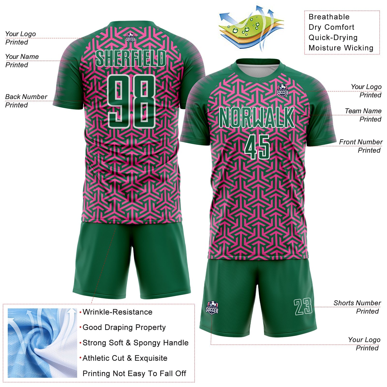 Custom Kelly Green Pink-White Geometric Arrow Sublimation Soccer Uniform Jersey view 4