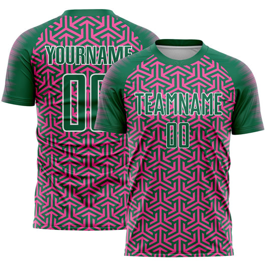 Custom Kelly Green Pink-White Geometric Arrow Sublimation Soccer Uniform Jersey - Main View