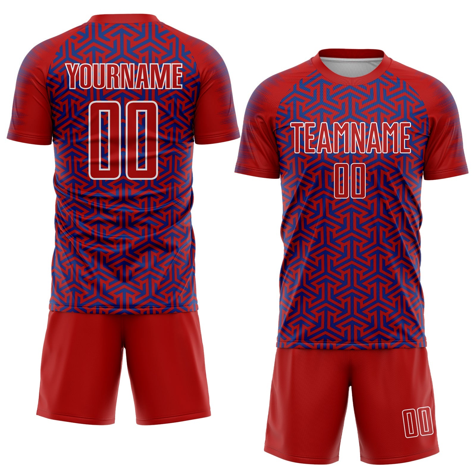Custom Red Royal-White Geometric Arrow Sublimation Soccer Uniform Jersey view 2