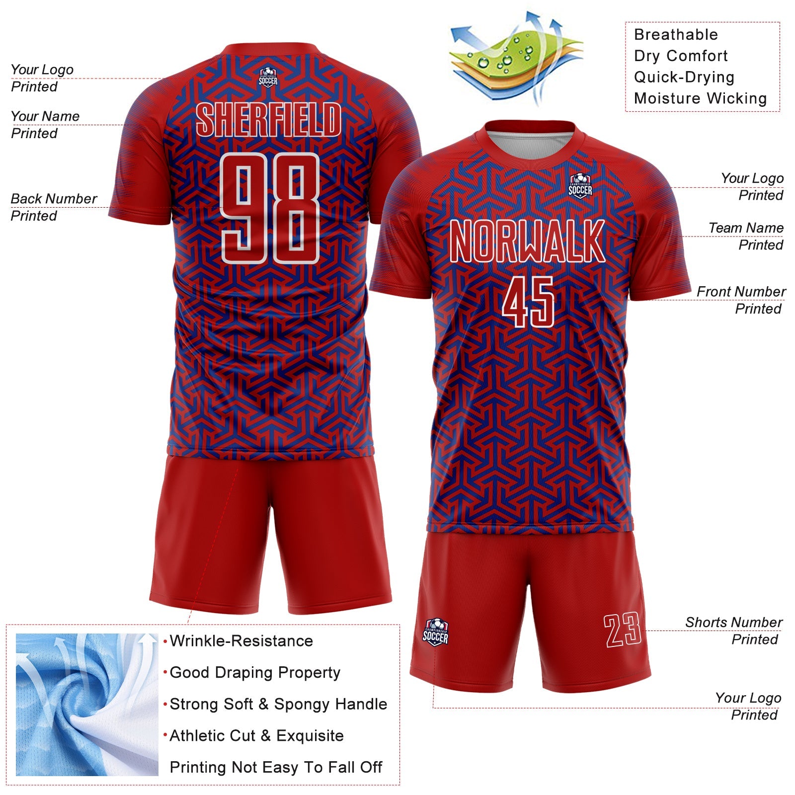 Custom Red Royal-White Geometric Arrow Sublimation Soccer Uniform Jersey view 4