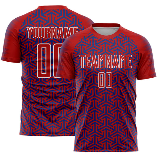 Custom Red Royal-White Geometric Arrow Sublimation Soccer Uniform Jersey - Main View