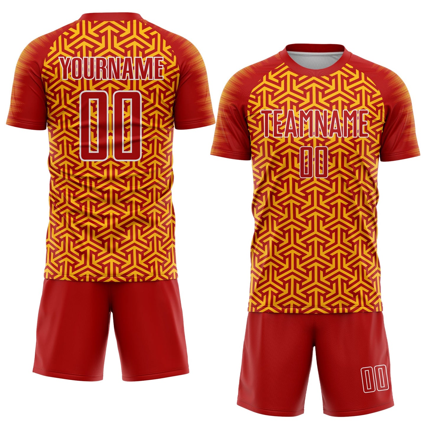 Custom Red Gold-White Geometric Arrow Sublimation Soccer Uniform Jersey view 2