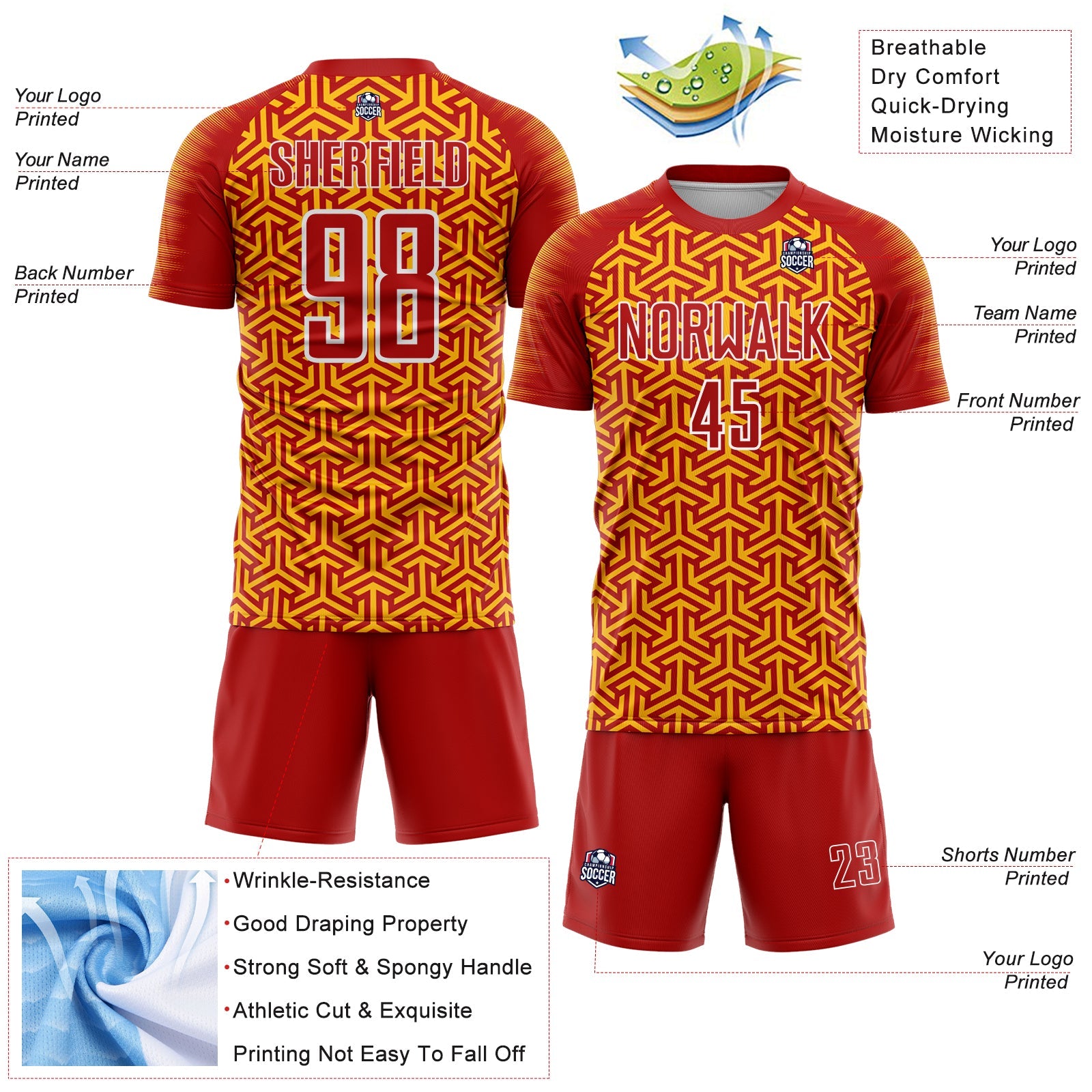Custom Red Gold-White Geometric Arrow Sublimation Soccer Uniform Jersey view 4