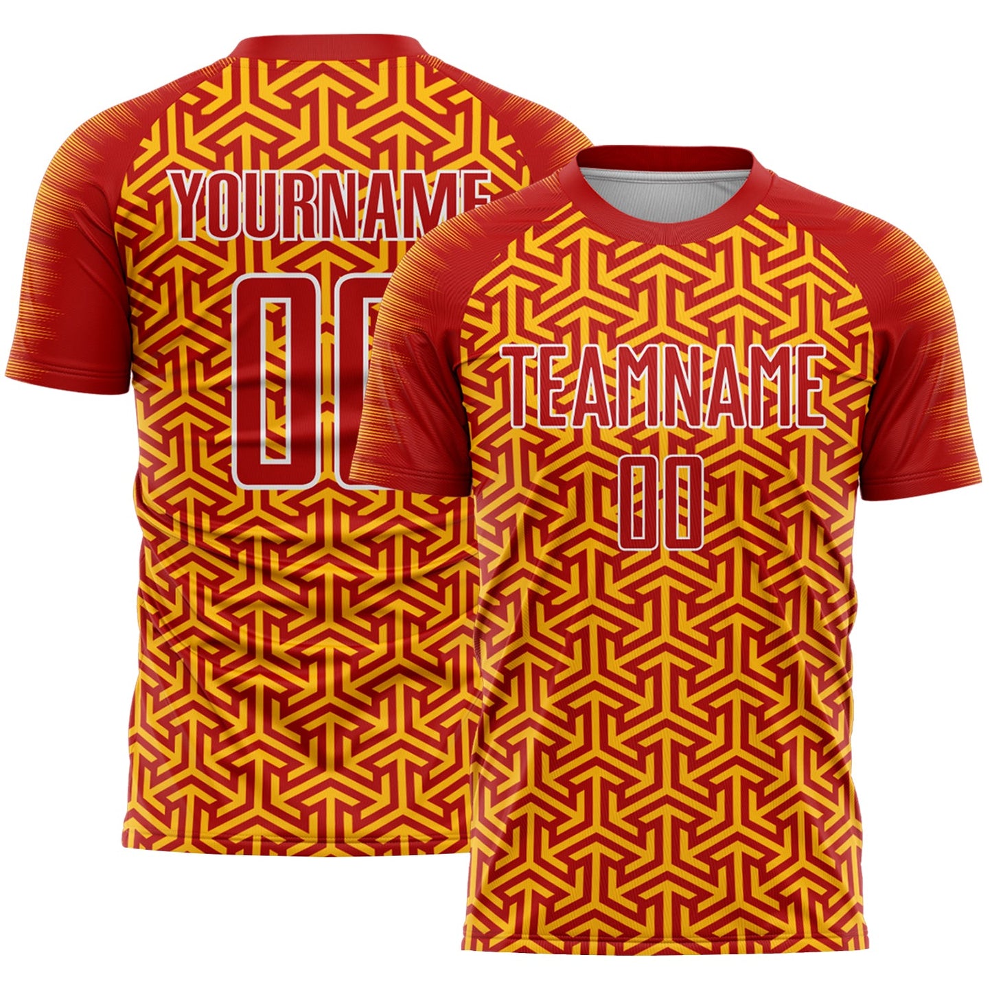 Custom Red Gold-White Geometric Arrow Sublimation Soccer Uniform Jersey - Main View