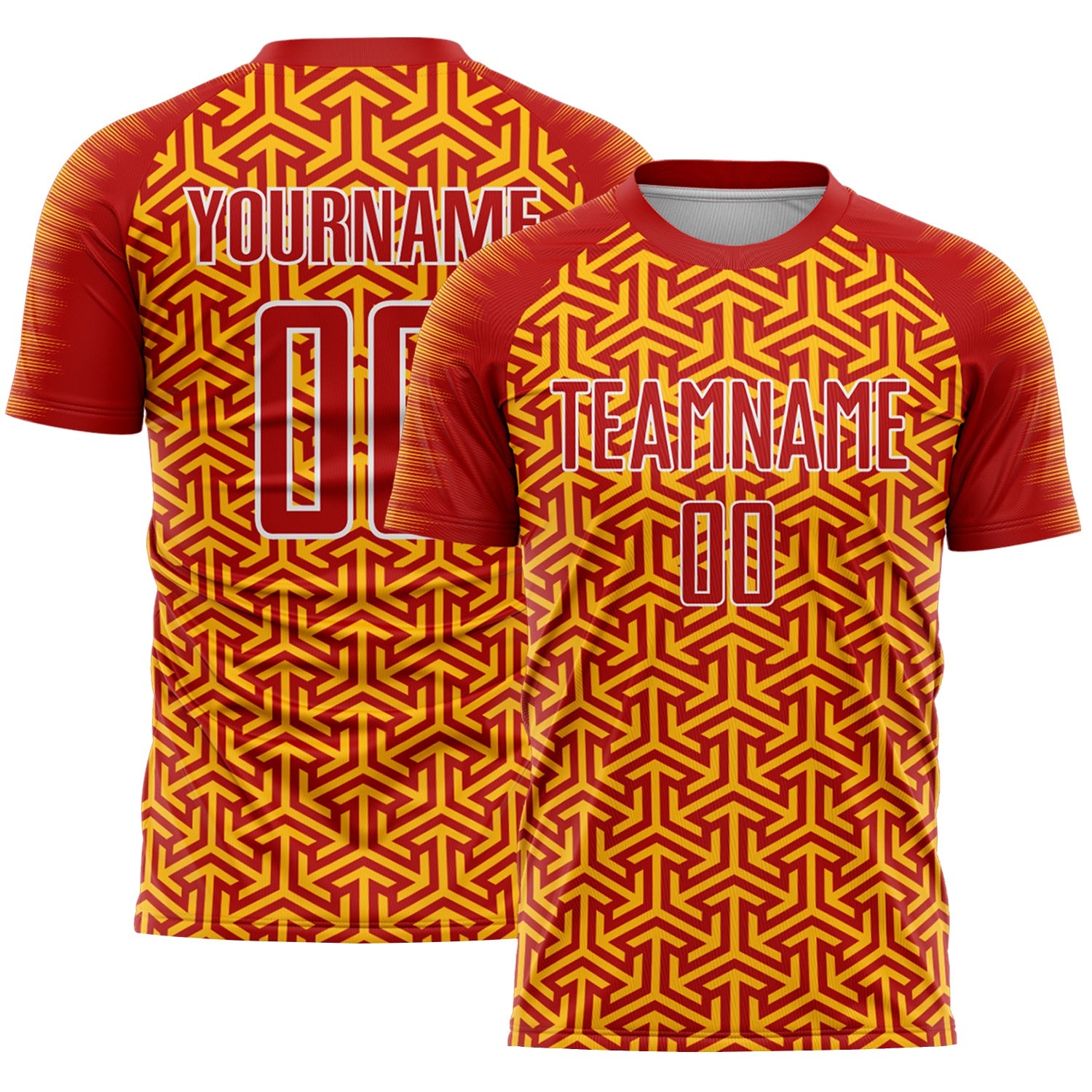 Custom Red Gold-White Geometric Arrow Sublimation Soccer Uniform Jersey - Main View