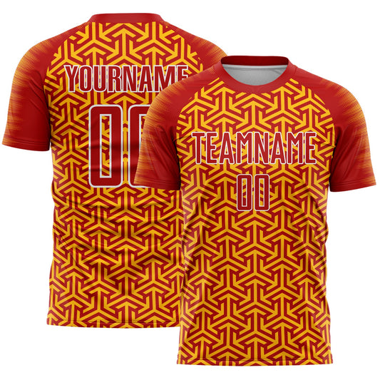 Custom Red Gold-White Geometric Arrow Sublimation Soccer Uniform Jersey - Main View