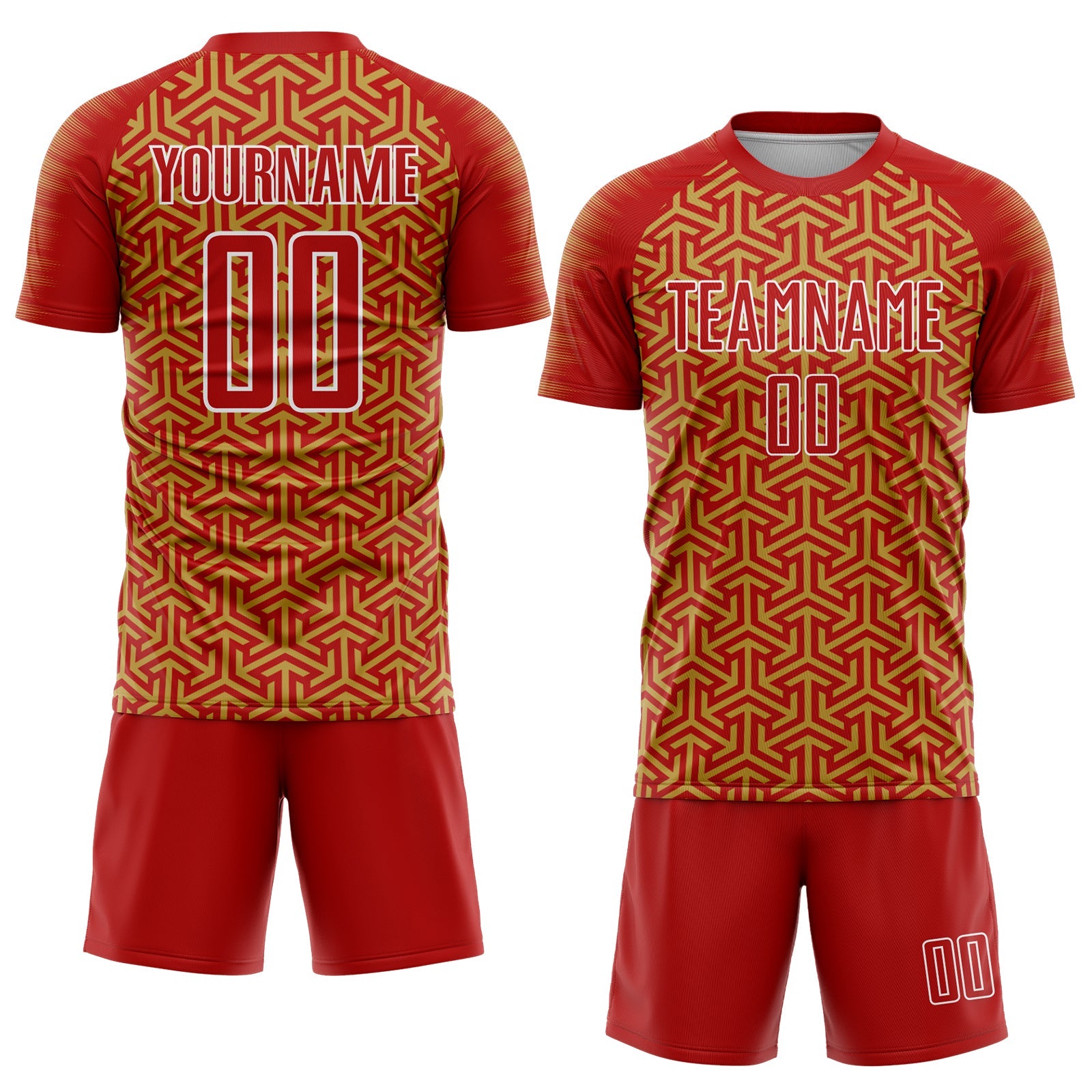 Custom Red Old Gold-White Geometric Arrow Sublimation Soccer Uniform Jersey view 2