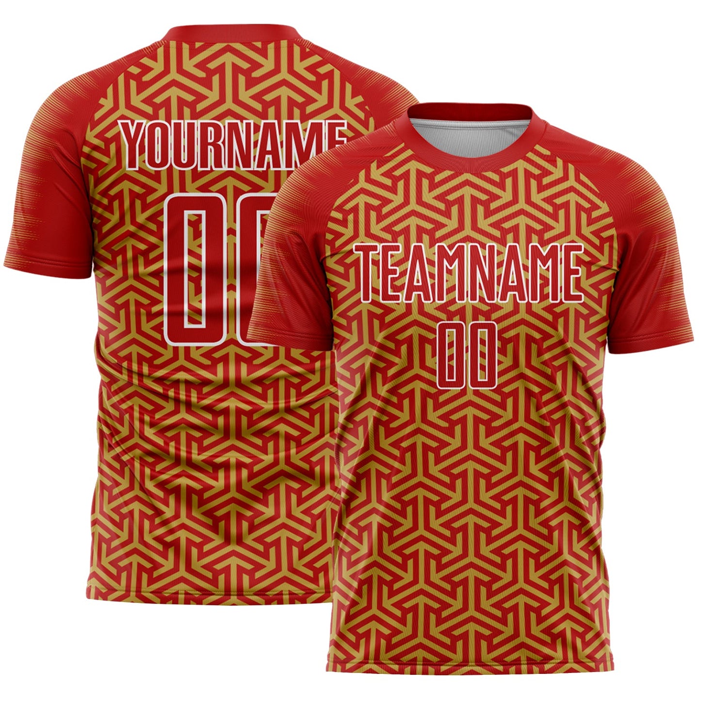 Custom Red Old Gold-White Geometric Arrow Sublimation Soccer Uniform Jersey - Main View