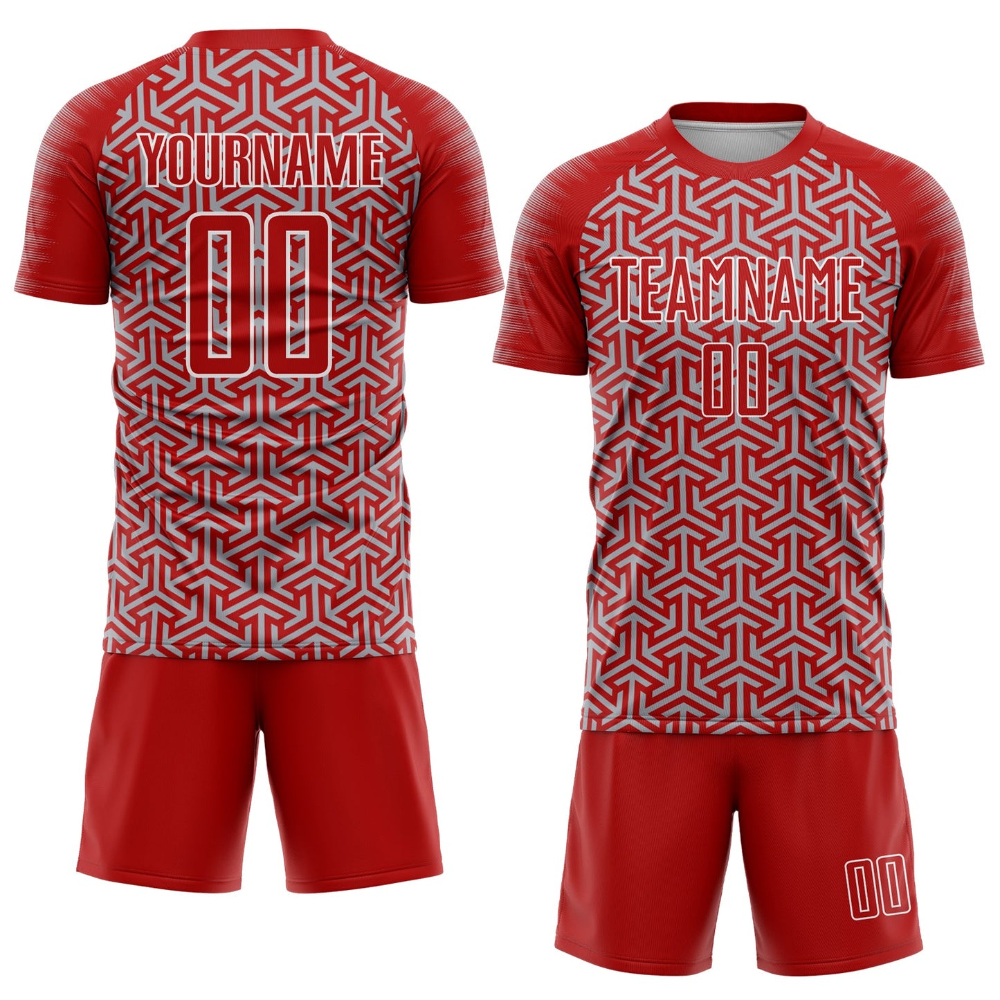 Custom Red Gray-White Geometric Arrow Sublimation Soccer Uniform Jersey view 2