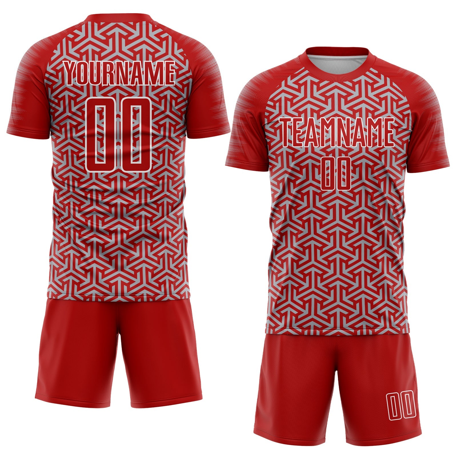 Custom Red Gray-White Geometric Arrow Sublimation Soccer Uniform Jersey view 2