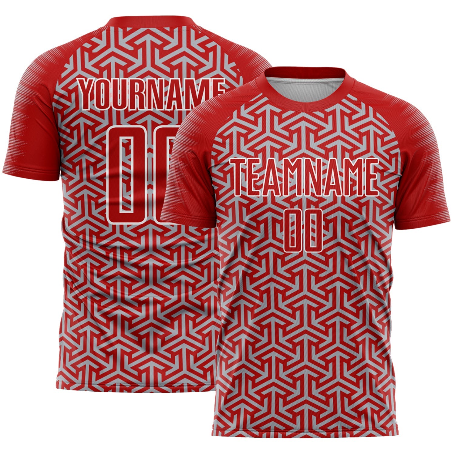 Custom Red Gray-White Geometric Arrow Sublimation Soccer Uniform Jersey - Main View