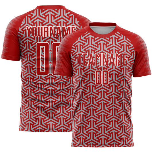 Custom Red Gray-White Geometric Arrow Sublimation Soccer Uniform Jersey - Main View