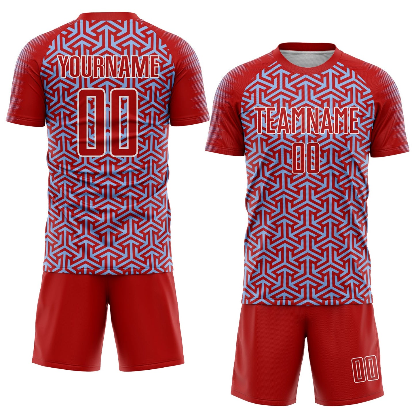 Custom Red Light Blue-White Geometric Arrow Sublimation Soccer Uniform Jersey view 2