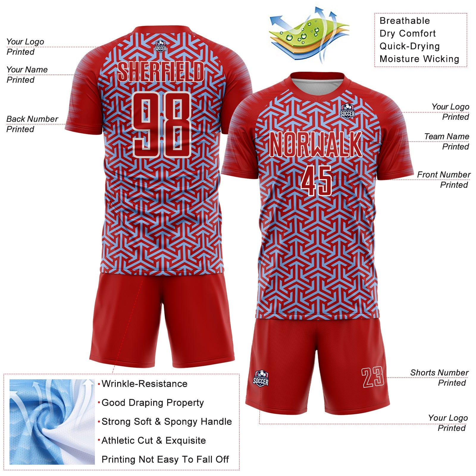 Custom Red Light Blue-White Geometric Arrow Sublimation Soccer Uniform Jersey view 4