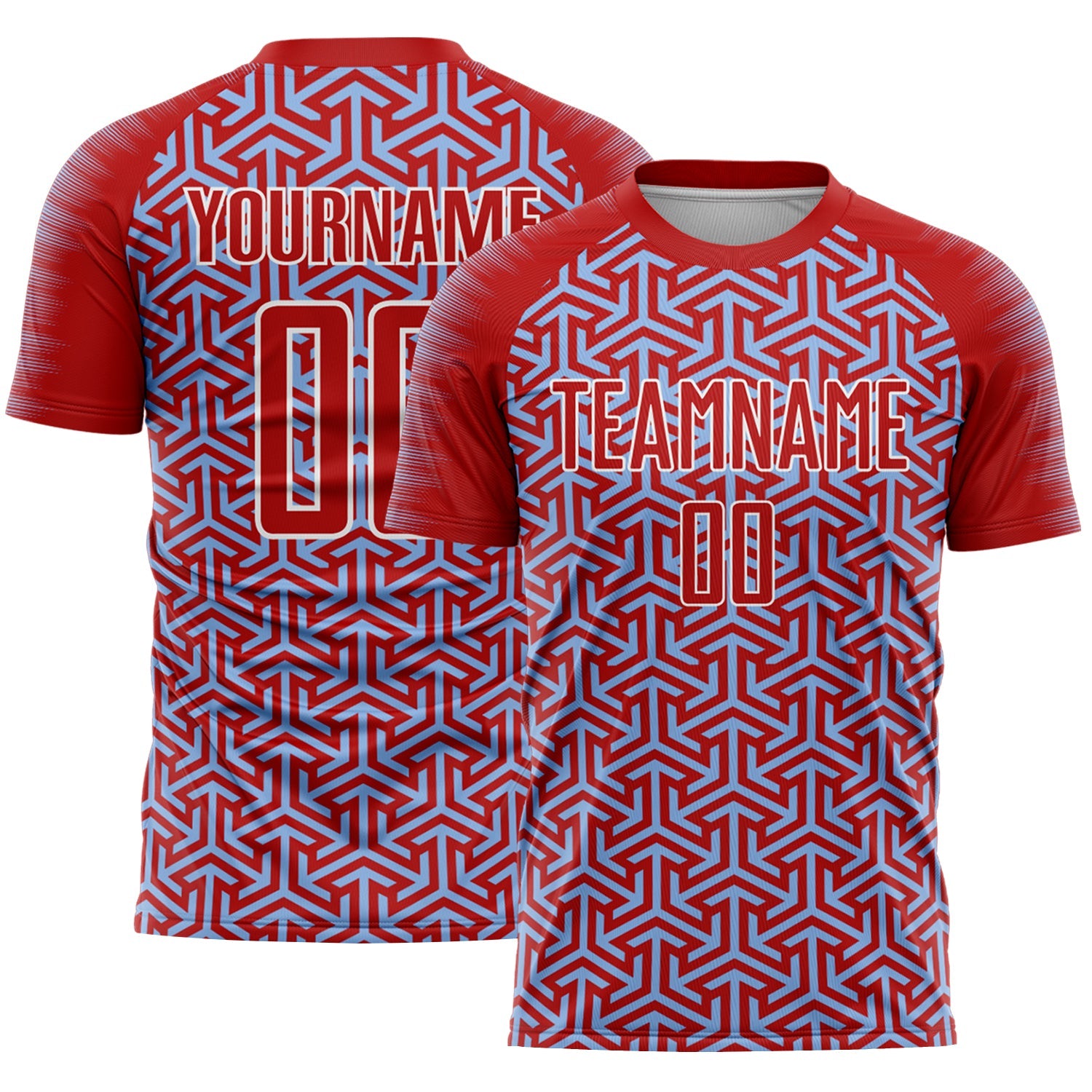 Custom Red Light Blue-White Geometric Arrow Sublimation Soccer Uniform Jersey - Main View