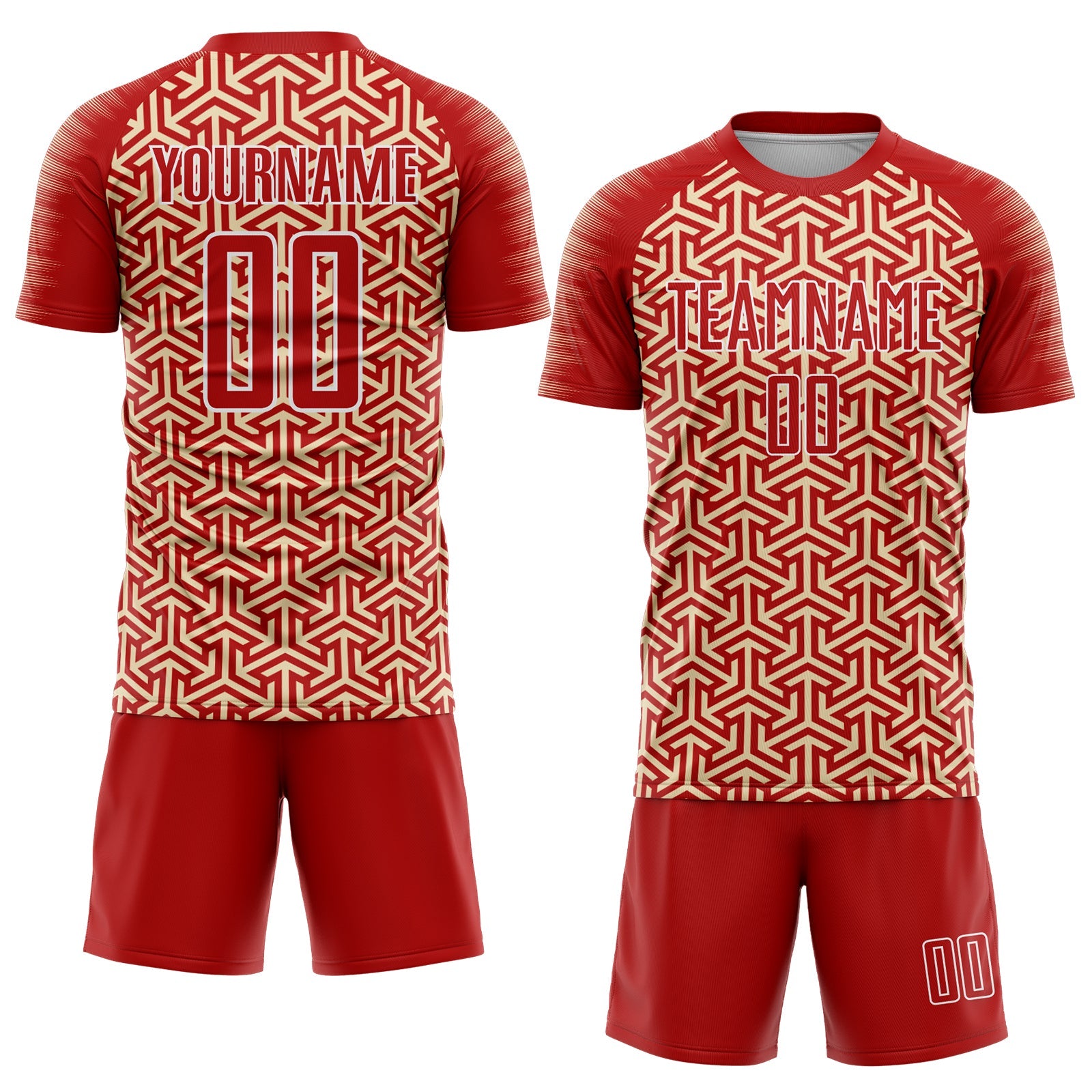 Custom Red Cream-White Geometric Arrow Sublimation Soccer Uniform Jersey view 2