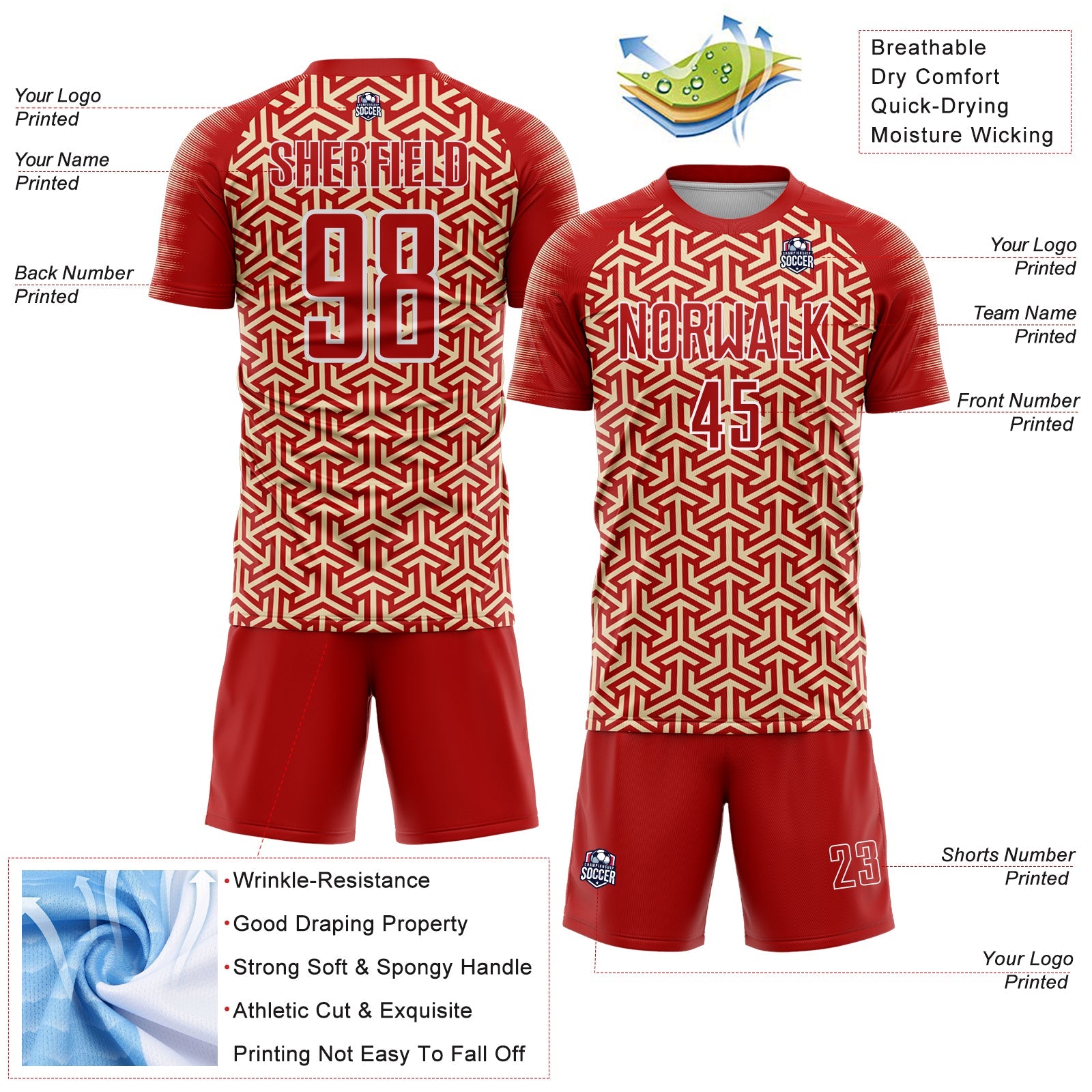Custom Red Cream-White Geometric Arrow Sublimation Soccer Uniform Jersey view 4