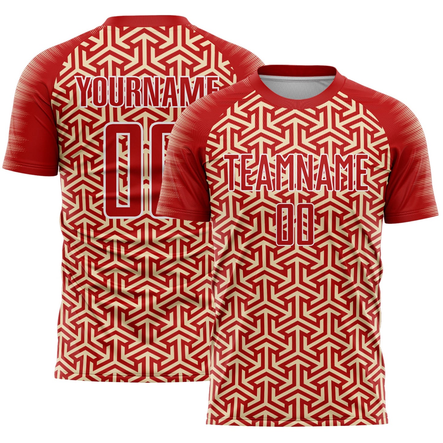 Custom Red Cream-White Geometric Arrow Sublimation Soccer Uniform Jersey - Main View