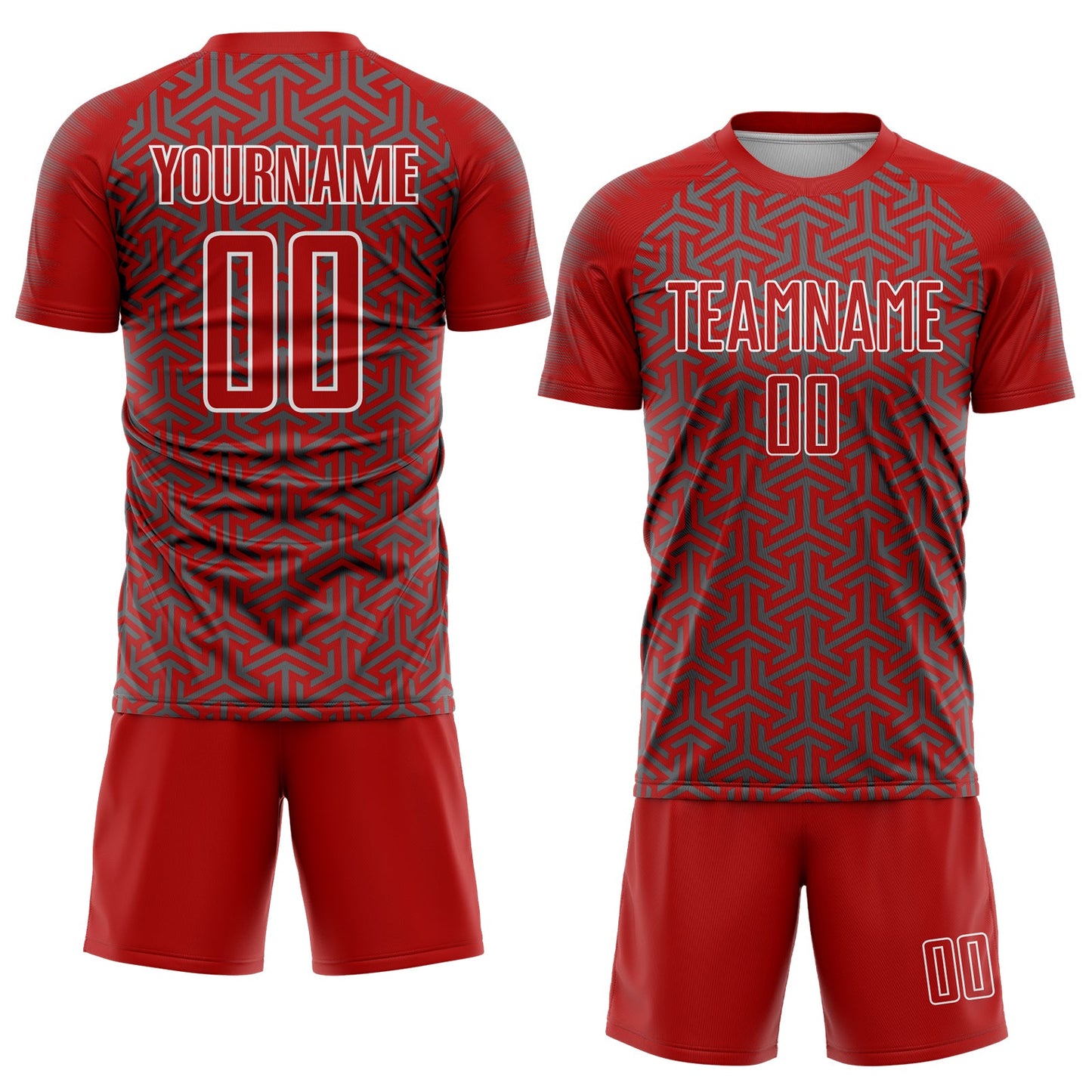 Custom Red Steel Gray-White Geometric Arrow Sublimation Soccer Uniform Jersey view 2