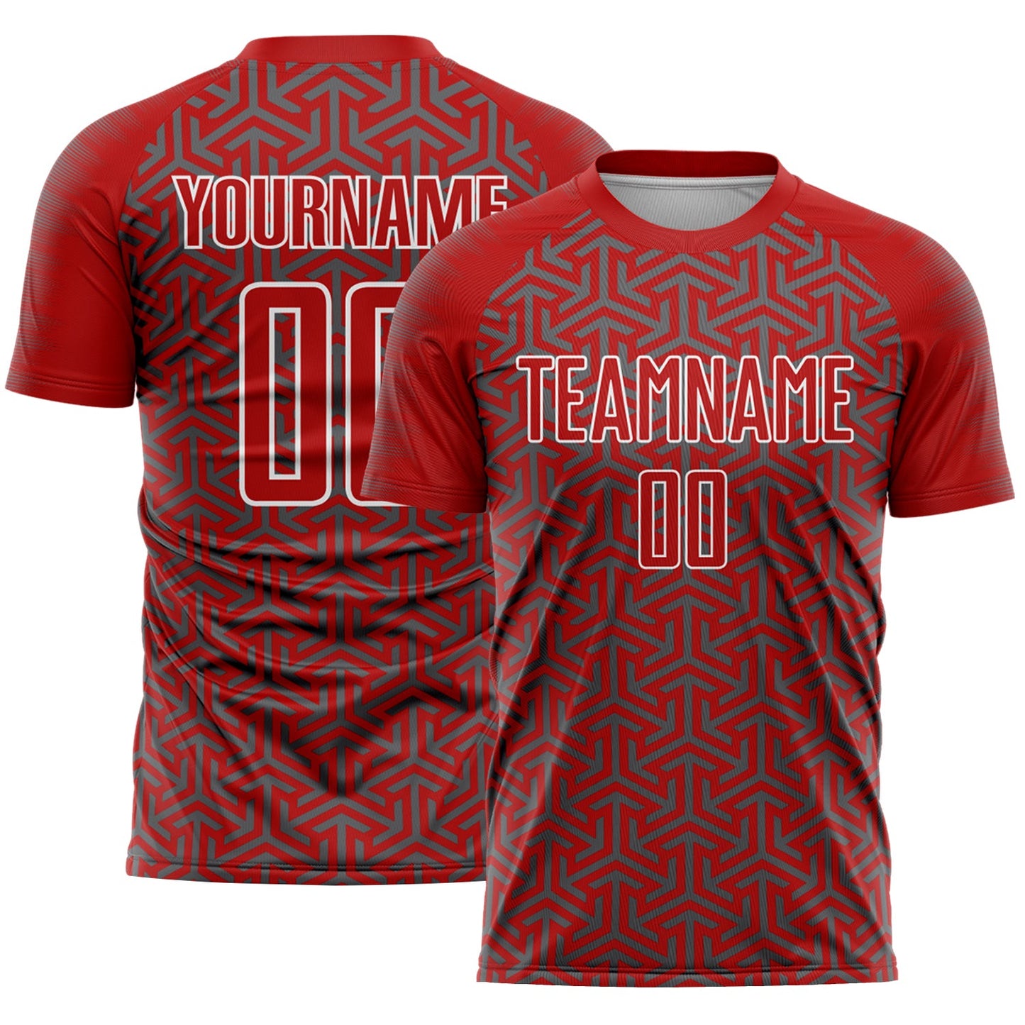 Custom Red Steel Gray-White Geometric Arrow Sublimation Soccer Uniform Jersey - Main View