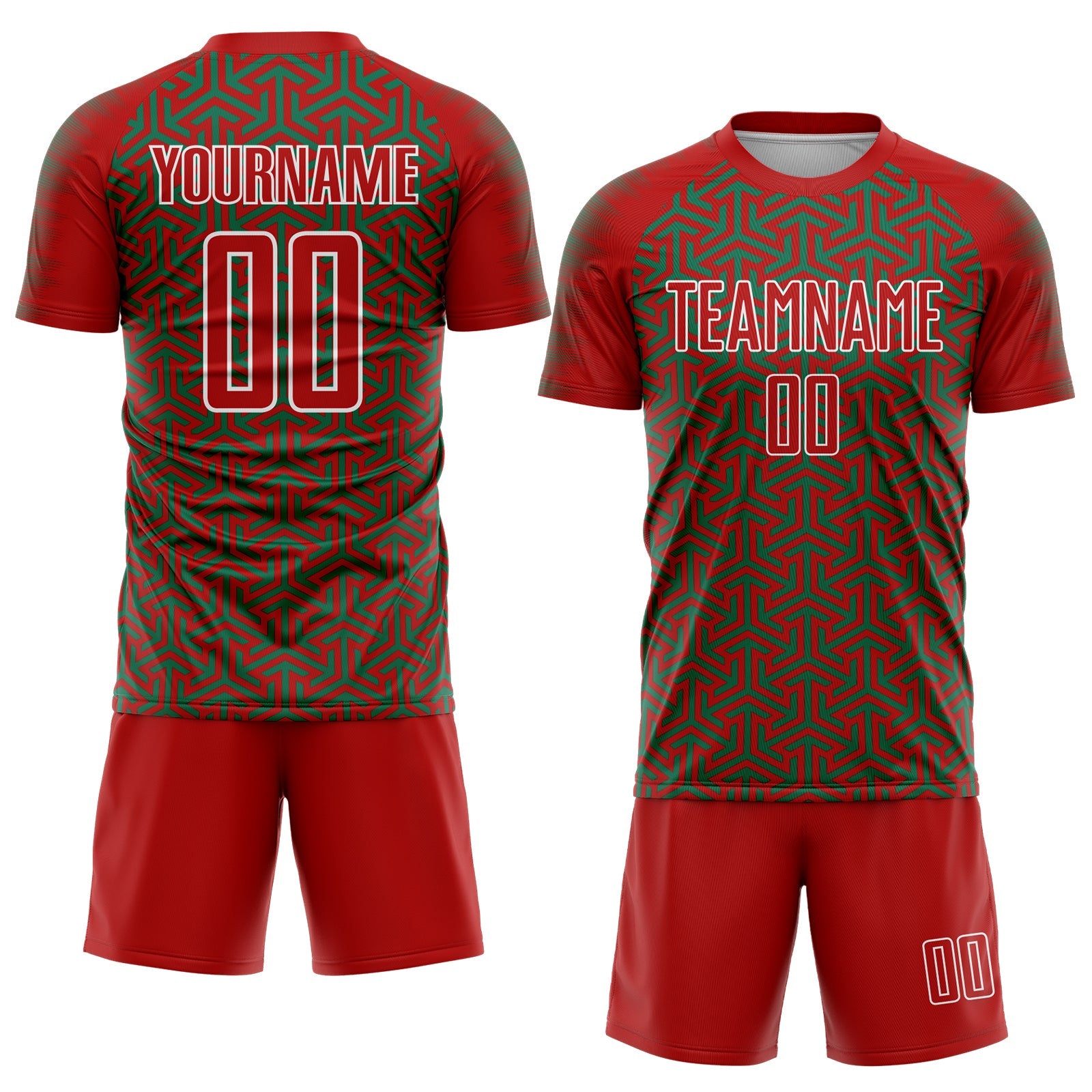 Custom Red Kelly Green-White Geometric Arrow Sublimation Soccer Uniform Jersey view 2