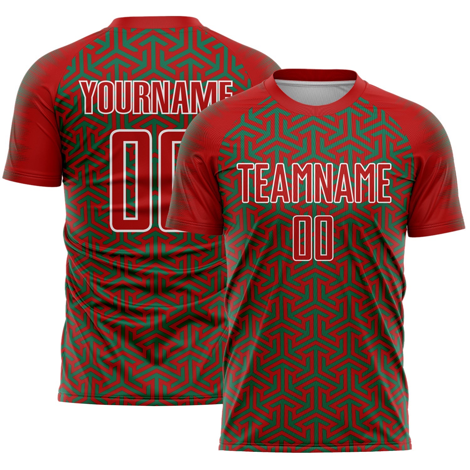 Custom Red Kelly Green-White Geometric Arrow Sublimation Soccer Uniform Jersey - Main View