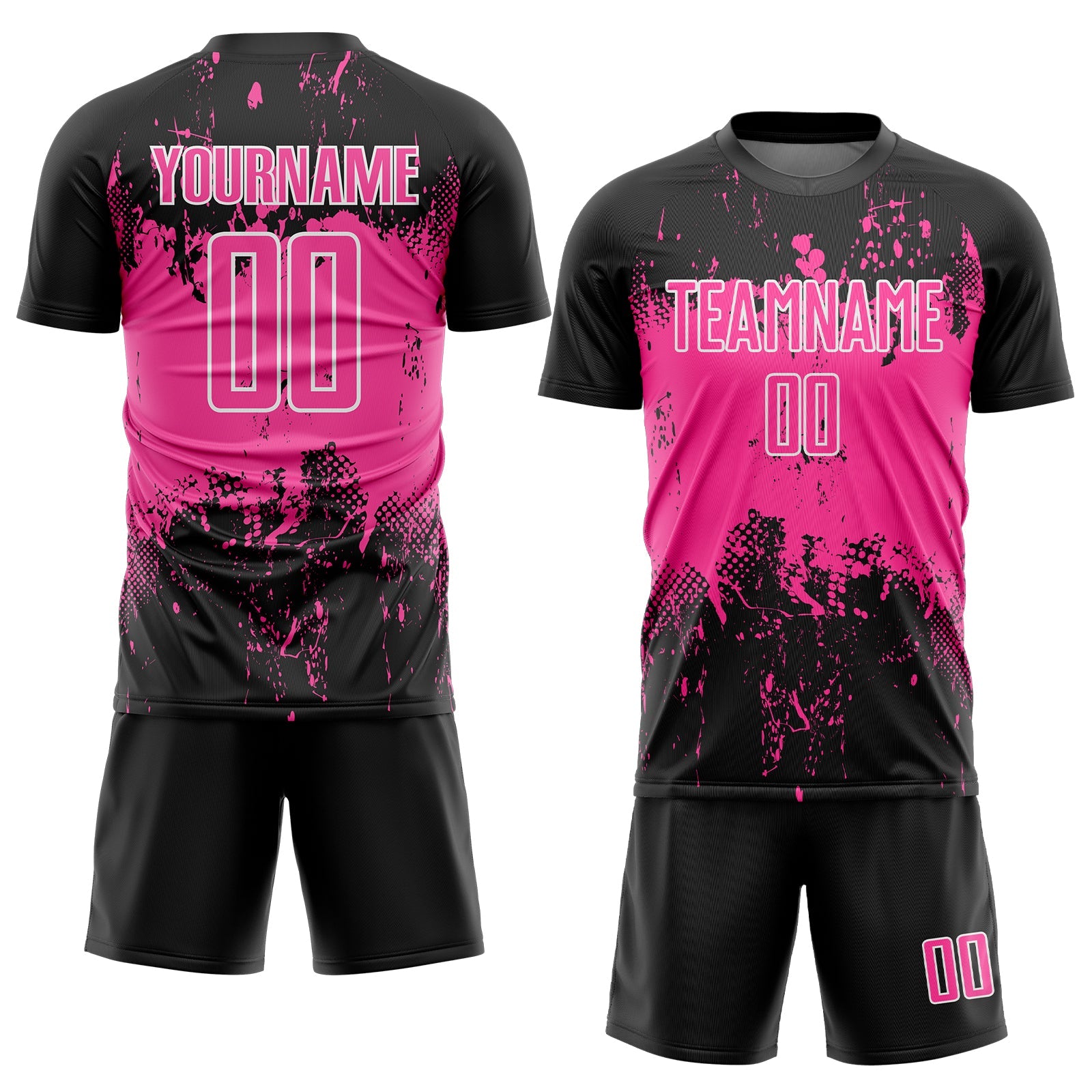 Custom Black Pink-White Abstract Splatter Grunge Art Sports Sublimation Soccer Uniform Jersey view 2
