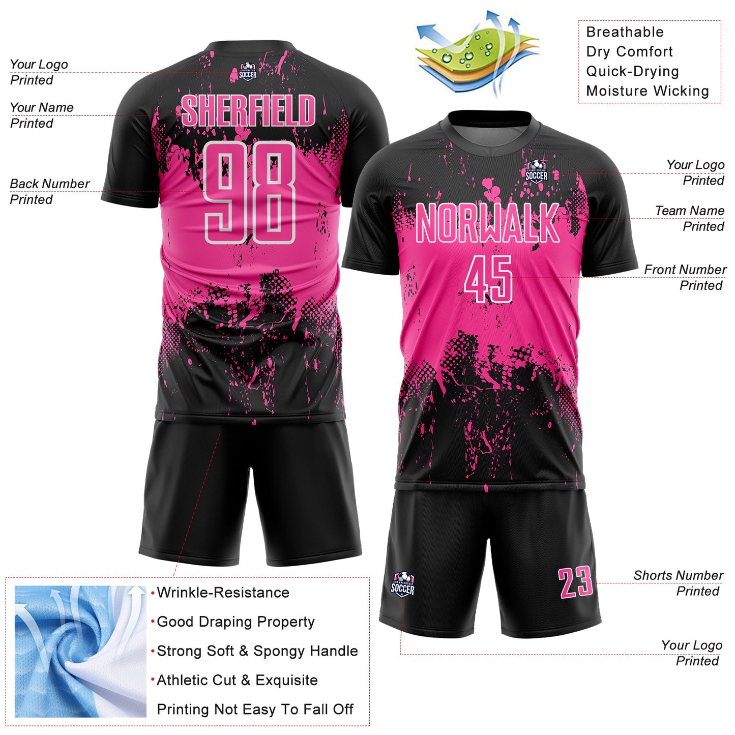 Custom Black Pink-White Abstract Splatter Grunge Art Sports Sublimation Soccer Uniform Jersey view 4
