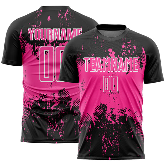 Custom Black Pink-White Abstract Splatter Grunge Art Sports Sublimation Soccer Uniform Jersey - Main View