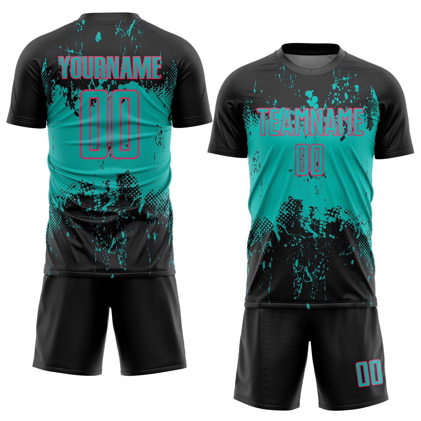 Custom Black Aqua-Neon Pink Abstract Splatter Grunge Art Sports Sublimation Soccer Uniform Jersey view 2