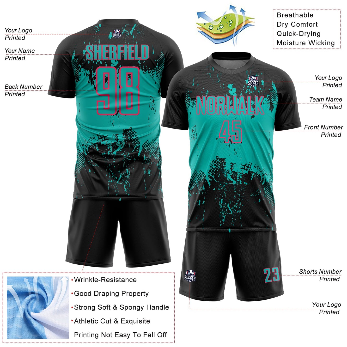 Custom Black Aqua-Neon Pink Abstract Splatter Grunge Art Sports Sublimation Soccer Uniform Jersey view 4