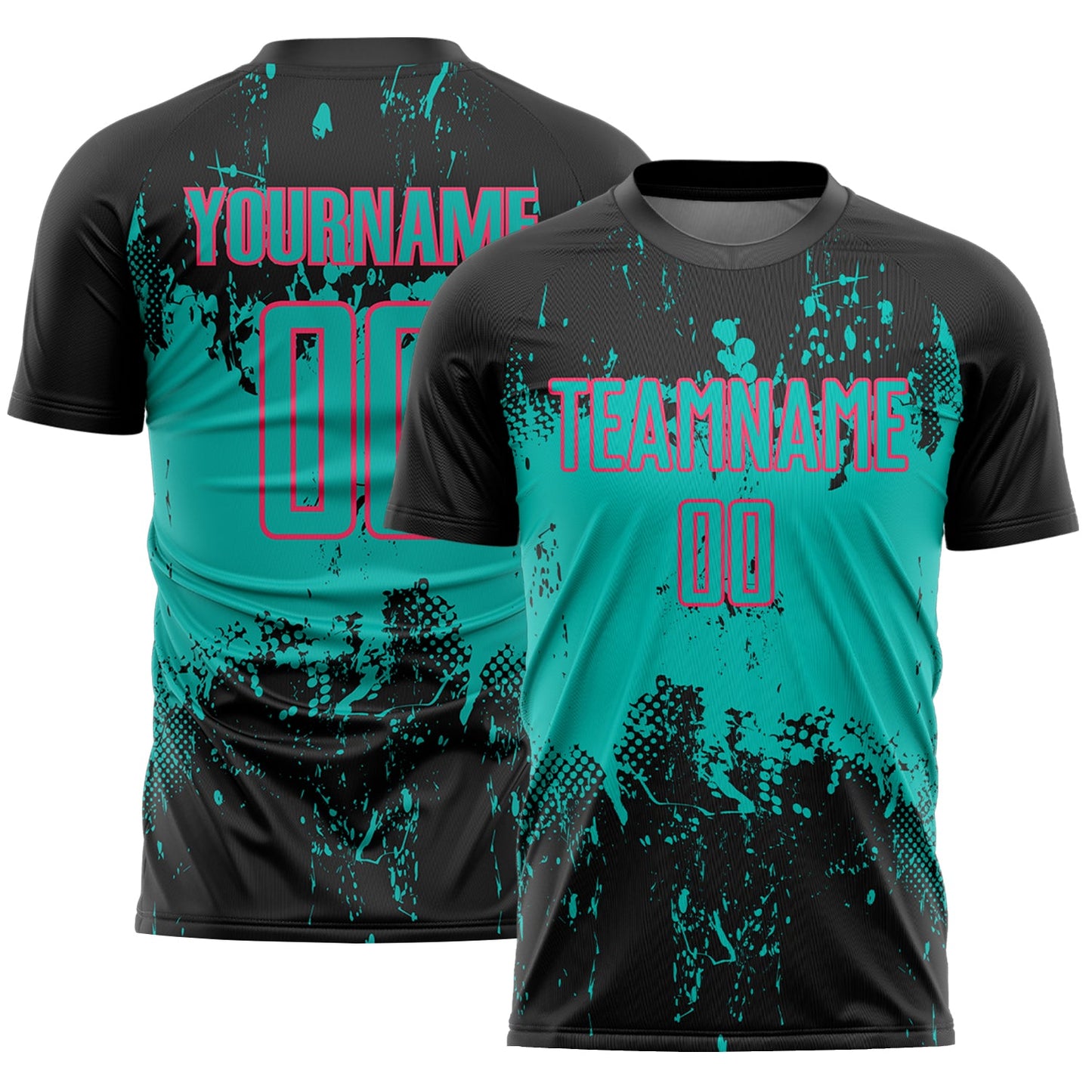 Custom Black Aqua-Neon Pink Abstract Splatter Grunge Art Sports Sublimation Soccer Uniform Jersey - Main View