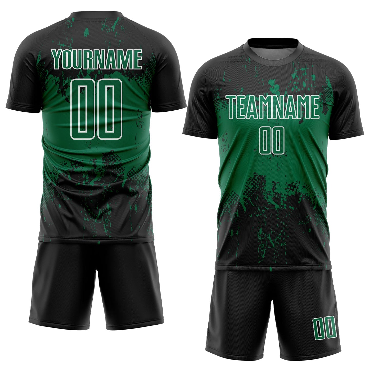 Custom Black Kelly Green-White Abstract Splatter Grunge Art Sports Sublimation Soccer Uniform Jersey view 2
