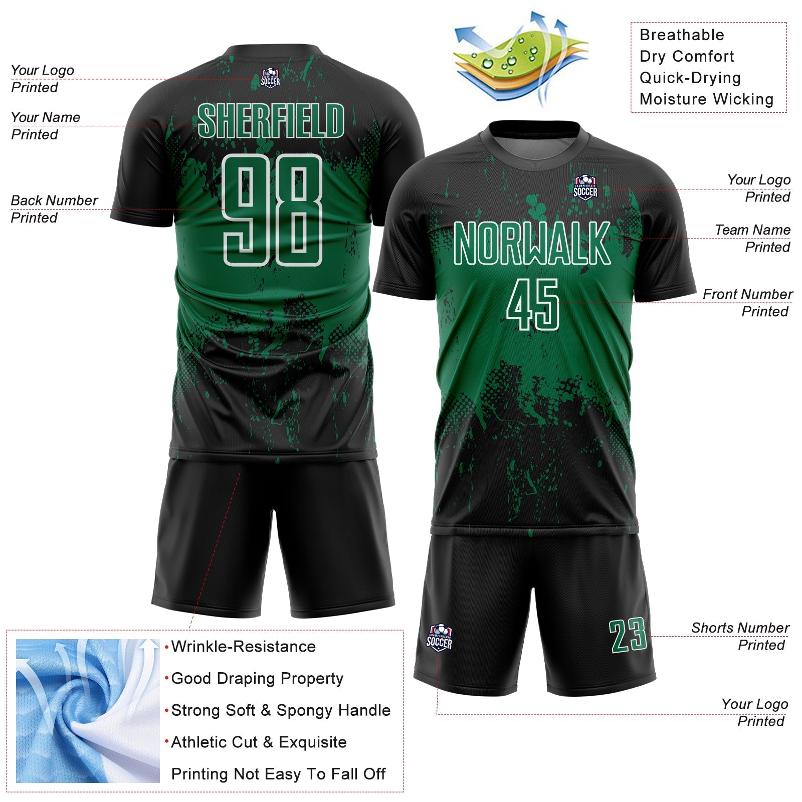 Custom Black Kelly Green-White Abstract Splatter Grunge Art Sports Sublimation Soccer Uniform Jersey view 4